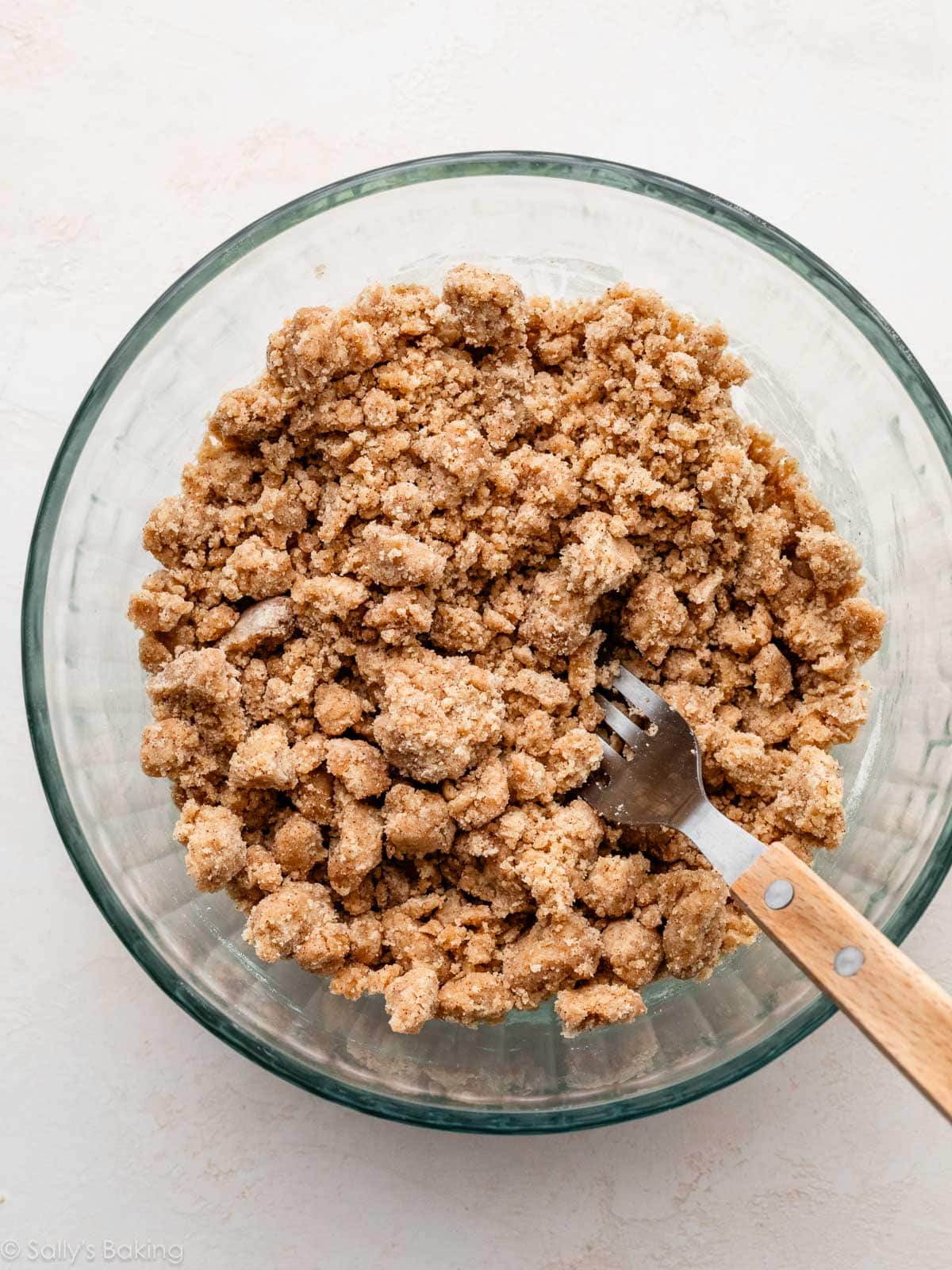 brown sugar crumbles in glass bowl.