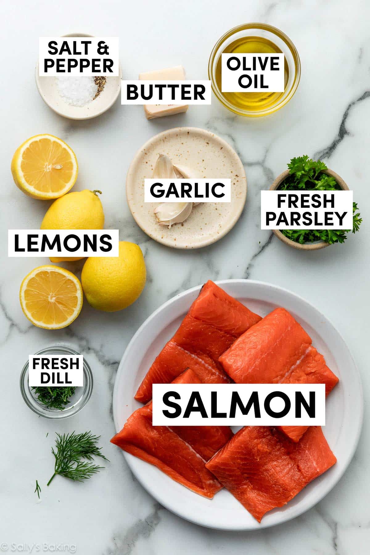 ingredients measured out including salt, pepper, herbs, garlic, olive oil, and lemons.